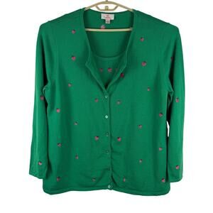 Quacker Factory Kelly Green Twofer Cardigan Tank strawberry Embroidered Size 1X